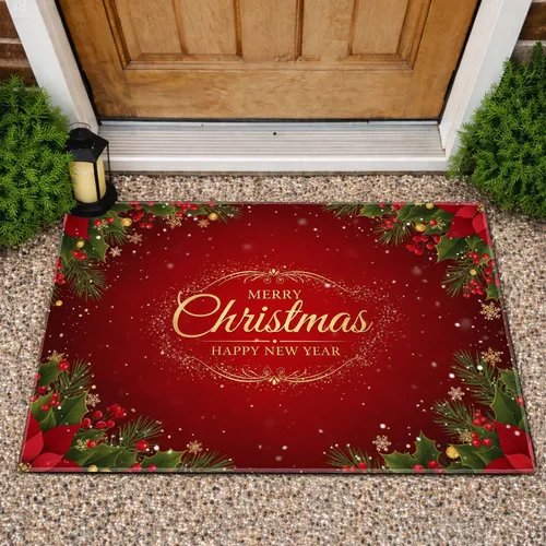 Christmas New Year Poinsettia Holly Gold Text - Holiday Decor Gift Doormat