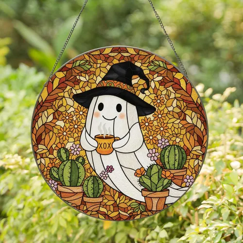 Friendly Ghost Witch Hat Mug Autumn Leaves - Halloween Home Decor Gift for Witch Lover Stained Glass Suncatcher