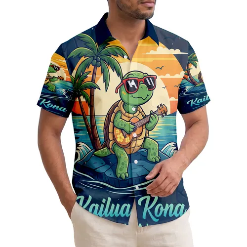 Sea Turtle Ukulele Sunset Palm Trees Kailua Kona Hawaii - Tropical Vacation Gift Hawaiian Shirt