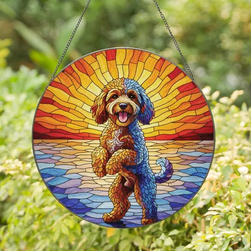 Warm Orange Blue Poodle Dog Stained Glass Sunset Scene Home Decor Gift for Dog Lover Stained Glass Suncatcher