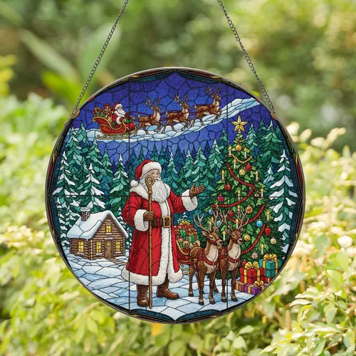 Santa Claus Reindeer Sleigh Wrapped Gifts Christmas Tree Snowy Cabin - Holiday Home Decor Stained Glass Suncatcher