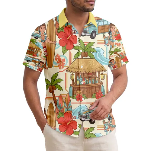 Man Surfboard Hula Dancer Tiki Bar Island Beach - Vacation Gift for Beach Lover Hawaiian Shirt