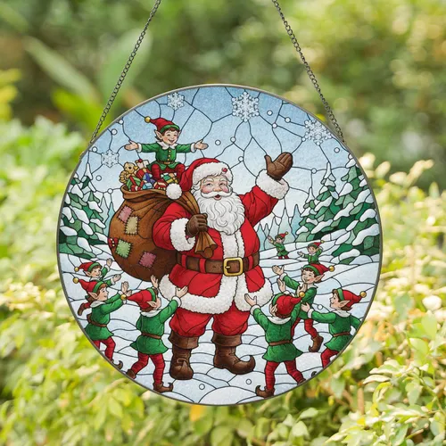 Santa Claus Elves Dancing Winter Wonderland - Christmas Home Decor Gift Stained Glass Suncatcher