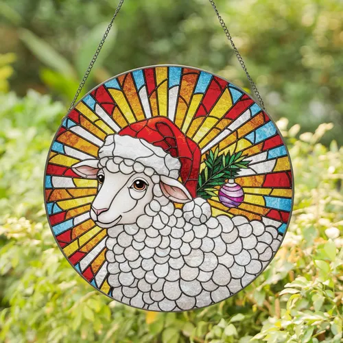 Red Santa Hat White Sheep Pine Branch Ornament - Christmas Home Decor Gift for Animal Lovers Stained Glass Suncatcher