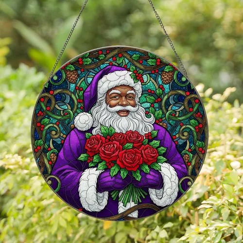 African American Santa Claus Purple Suit Holly Roses - Christmas Home Decor Gift Stained Glass Suncatcher