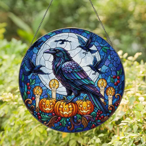 Black Raven Halloween Pumpkins Full Moon - Halloween Party Gift Stained Glass Suncatcher