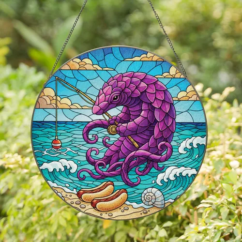 Scaly Tentacled Creature Fishing Hot Dog Seashells Beach - Ocean Lover Gift for Fishermen Stained Glass Suncatcher