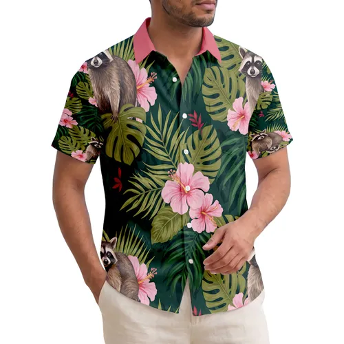 Raccoons Monstera Palm Hibiscus Flowers - Tropical Wildlife Lover Gift Hawaiian Shirt