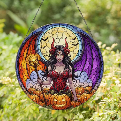 Horned Succubus Bat Wing Halloween Pumpkins - Halloween Party Home Decor Stained Glass Suncatcher