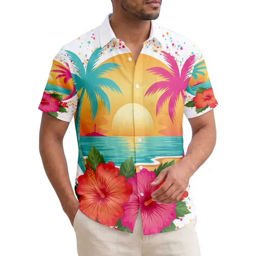 Hibiscus Tropical Sunset Beach Scene Palm Trees - Home Decor Gift Hawaiian Shirt