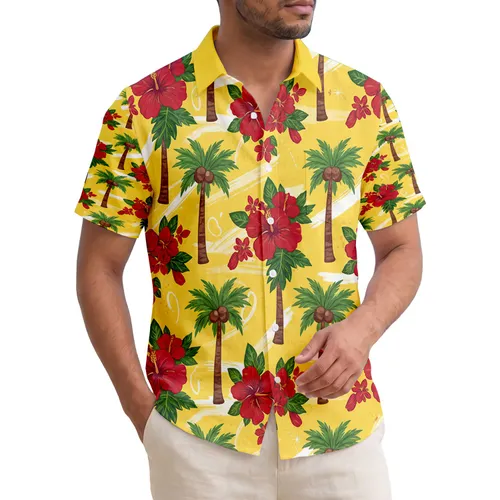 Forest Green Palm Coconuts Dark Red Tropical Flowers Sunny Yellow - Home Decor Gift Hawaiian Shirt
