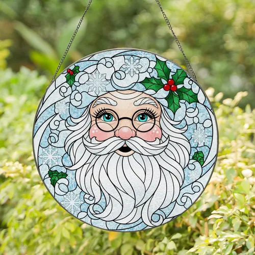Santa Claus Face White Beard Spectacles Holly Berries Snowflakes - Christmas Decor Gift Stained Glass Suncatcher