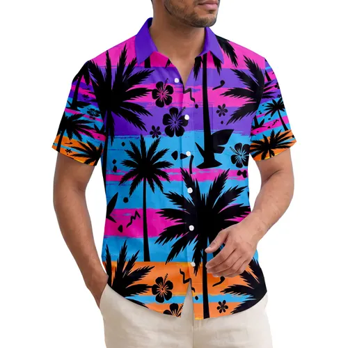 Black Palm Tree Silhouettes Gradient Stripes - Tropical Vacation Gift Hawaiian Shirt