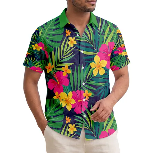 Lush Overlapping Palm Monstera Leaves Vibrant Hibiscus Flowers - Tropical Lifestyle Gift Hawaiian Shirt