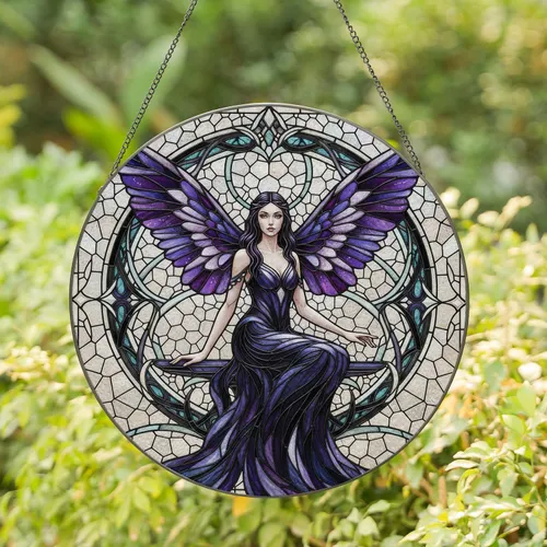 Dark Fantasy Winged Fairy, Indigo Gown & Gothic Filigree - Home Decor Gift Stained Glass Suncatcher