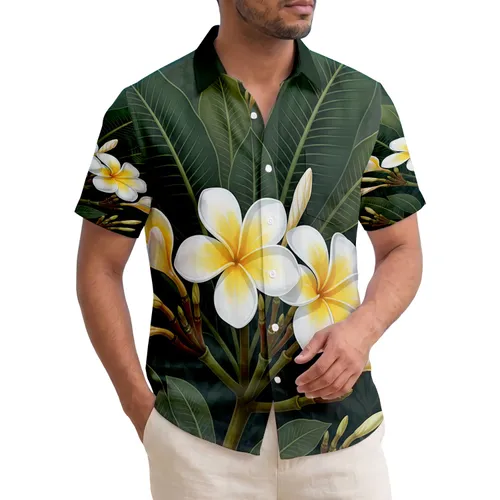 White Golden Plumeria Bloom Dark Green Tropical Leaves - Everyday Nature Lover Lifestyle Gift Hawaiian Shirt