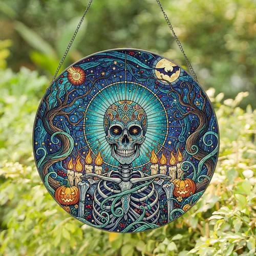 Skeleton Jack-o'-lanterns Moon Bat Gnarled Trees Halloween Night - Cosmic Home Decor Gift Stained Glass Suncatcher