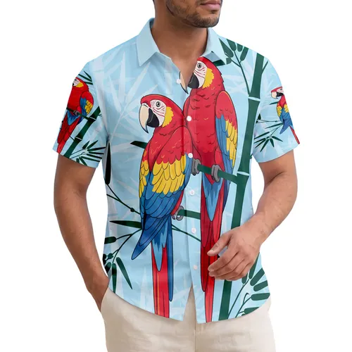 Red Yellow Blue Macaws on Bamboo Tropical Foliage - Exotic Bird Lover Gift Hawaiian Shirt