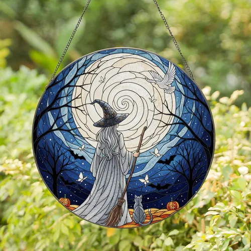 Witch Full Moon Cat Bats Night Sky Halloween Home Decor Gift for Witch Lover Stained Glass Suncatcher