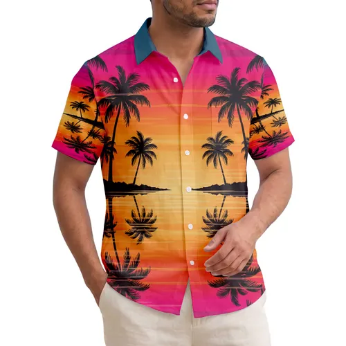 Fuchsia Orange Teal Sunset Palm Trees Water Reflections - Home Decor Gift Hawaiian Shirt