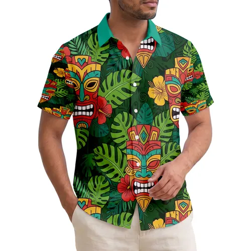 Ornate Tiki Masks Tropical Leaves Hibiscus Flowers - Vacation Travel Essentials Island Lover Gift Hawaiian Shirt