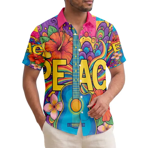 Blue Guitar PEACE Tropical Flowers Rainbow - Tropical Decor Gift for Music Lover Hawaiian Shirt