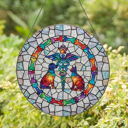 Galaxy Caduceus Paw Print Dog Cat Stained Glass - Vet Tech Pet Lover Home Decor Stained Glass Suncatcher