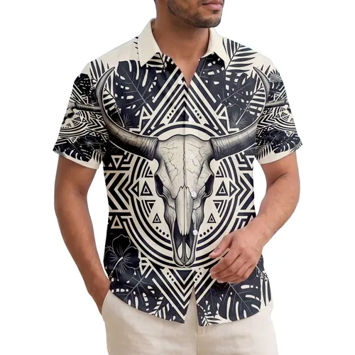 Bull Skull Geometric Tribal Patterns Tropical Foliage - Boho Lifestyle Gift Hawaiian Shirt