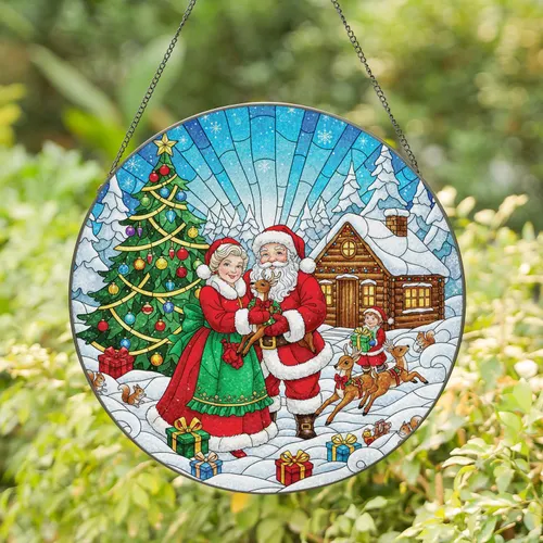 Santa Mrs Claus Reindeer Christmas Tree - Holiday Decor Gift Stained Glass Suncatcher