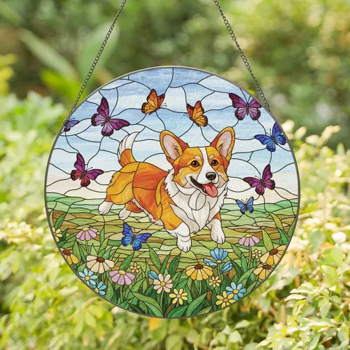 Pembroke Corgi Butterflies Wildflowers - Home Decor Gift for Dog Lover Stained Glass Suncatcher