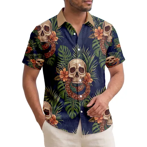Macabre Skulls Coiled Snakes Tropical Flowers - Home Decor Gift Hawaiian Shirt