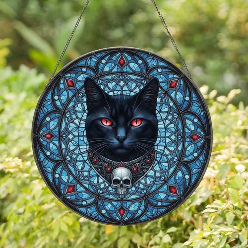 Black Cat Red Eyes Skull Medallion Blue Tracery - Gothic Home Decor Gift Stained Glass Suncatcher