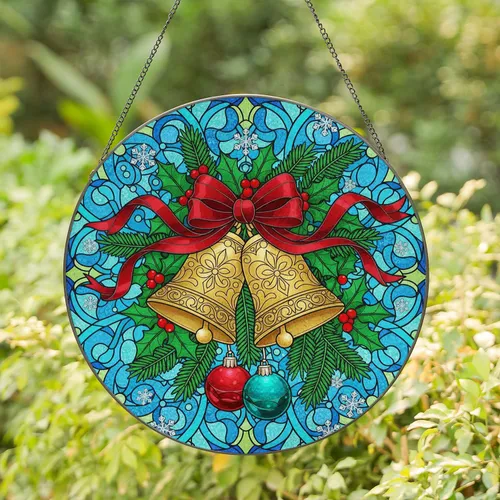 Golden Christmas Bells Red Bow Holly Pine Ornaments - Christmas Holiday Gift Stained Glass Suncatcher