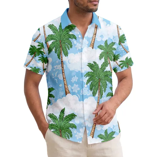 Tropical Lush Green Palm Trees Cumulus Clouds Vibrant Sky - Island Getaway Travel Gift Hawaiian Shirt