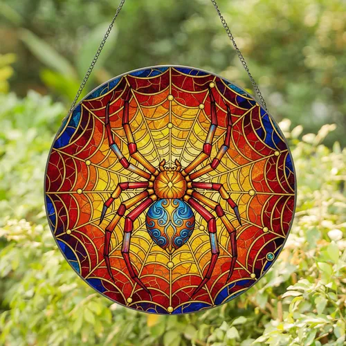 Iridescent Spider Web Stained Glass Gems - Home Decor Gift Stained Glass Suncatcher