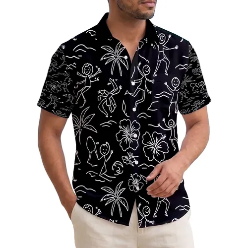 Dancing Jumping Stick Figures Ocean Hibiscus Fronds - Vacation Lover Gift Hawaiian Shirt