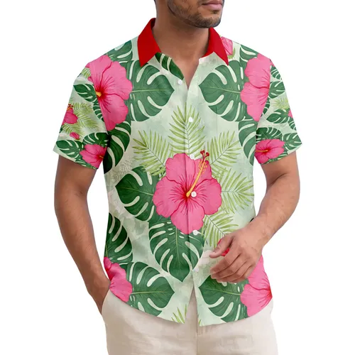 Large Pink Hibiscus Monstera Broad Leaf Palm Fronds Tropical Flowers - Home Decor Gift Hawaiian Shirt