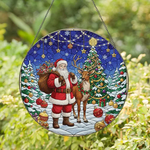 Santa Claus Reindeer Christmas Tree Ornaments Snowflakes - Holiday Decor Gift Stained Glass Suncatcher