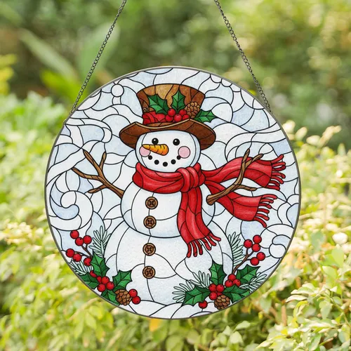 Snowman Holly Berries Pinecones Snowdrifts - Christmas Holiday Decor Gift Stained Glass Suncatcher
