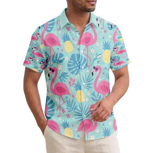 Flamingos Heart Sunglasses Pineapples Palm Fronds Tropical Leaves - Vacation Lover Gift Hawaiian Shirt