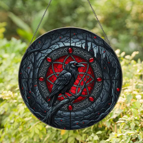 Black Raven Celtic Knot Gothic Forest Castle - Home Decor Gift for Raven Lover Stained Glass Suncatcher