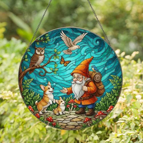 Gnome Corgi Dogs Mushroom Owl Birds Foliage - Home Decor Gift for Corgi Lover Stained Glass Suncatcher