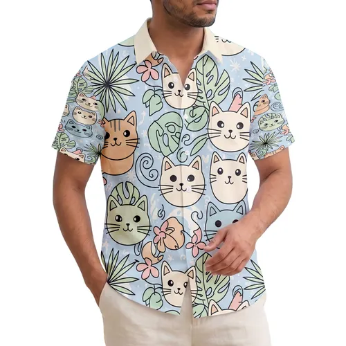 Cute Cat Faces Monstera Palm Plumeria Leaves - Tropical Lifestyle Cat Lover Gift Hawaiian Shirt