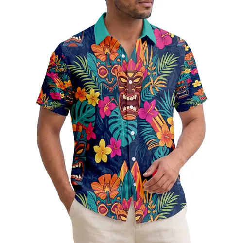 Tiki Masks Palm Fronds Split-Leaf Philodendron Hibiscus Surfboards - Island Life Decor Hawaiian Shirt