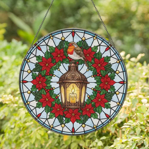 Robin Poinsettia Holly Wreath Ornate Lantern Golden Sphere - Christmas Decor for Bird Lover Stained Glass Suncatcher