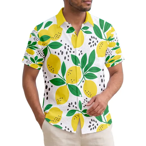 Tropical Yellow Lemons with Seeds Green Leaves Black Dots Summer Home Decor Gift Hawaiian Shirt