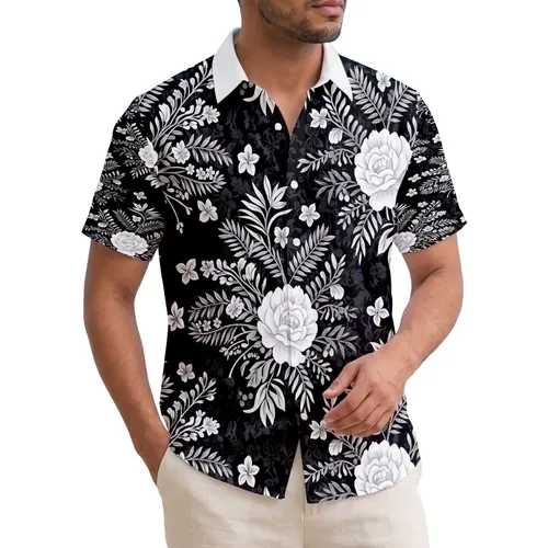 Black Tropical Peonies Roses Small Blossoms Leafy Branches - Home Decor Gift Hawaiian Shirt