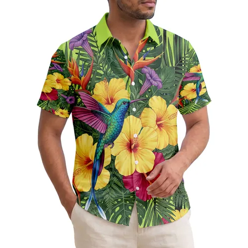 Hummingbird Tropical Hibiscus Foliage Black Stripes - Wildlife Lover Home Decor Gift Hawaiian Shirt