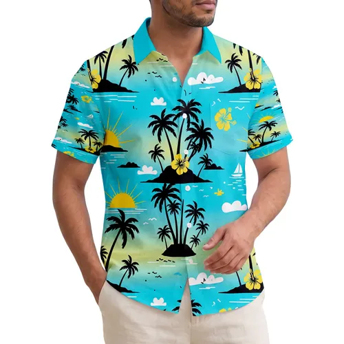 Tropical Palm Trees Sun Islands Sailboats Ocean Clouds Hibiscus Flower - Vacation Trip Gift Hawaiian Shirt