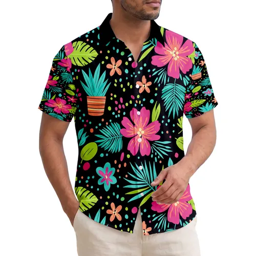 Dense Tropical Flowers Broad Leaves All-Over Potted Plant - Tropical Lifestyle Gift Hawaiian Shirt